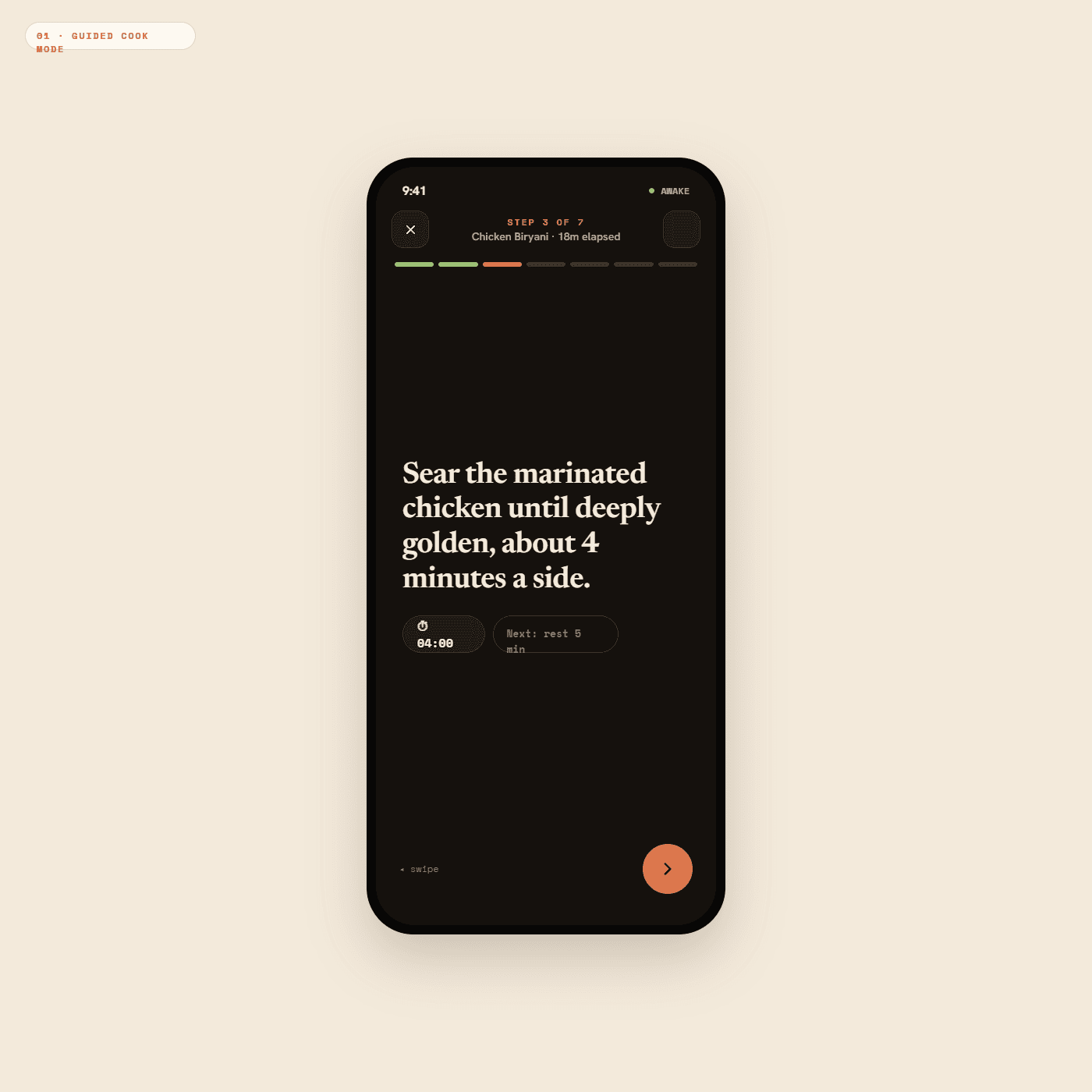 Cooksy Guided Cook Mode — full-screen step view with a built-in timer