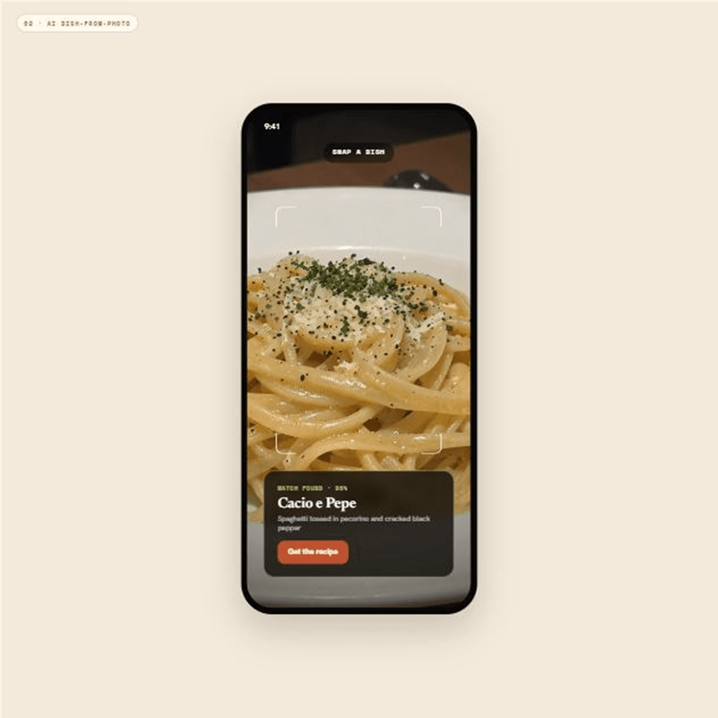 Cooksy AI Dish-from-Photo — camera capture identifying cacio e pepe with a 96% match