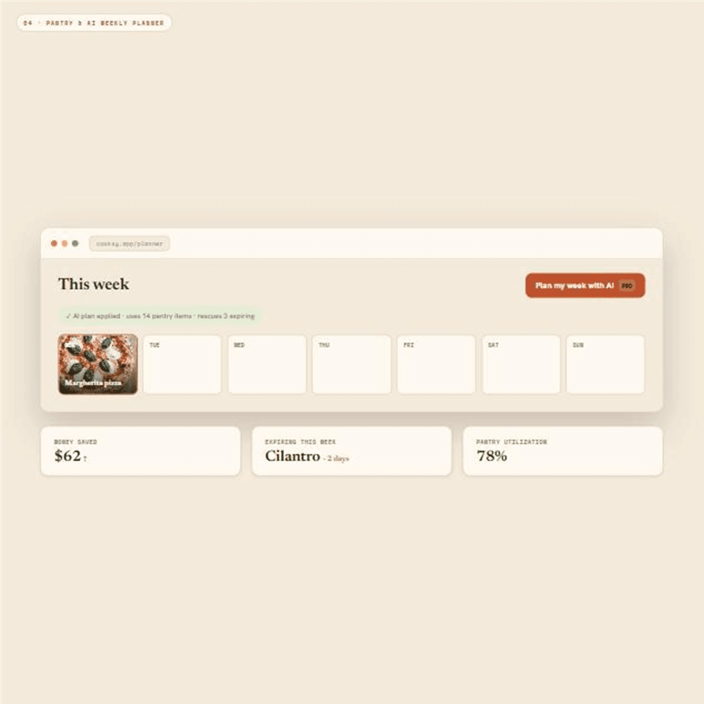 Cooksy Pantry & AI Weekly Planner — 7-day meal grid with money saved and pantry stats